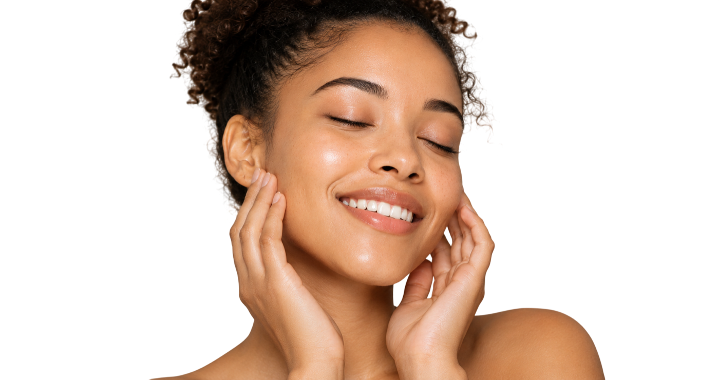Woman with radiant, glowing skin enjoying Original Plus skincare